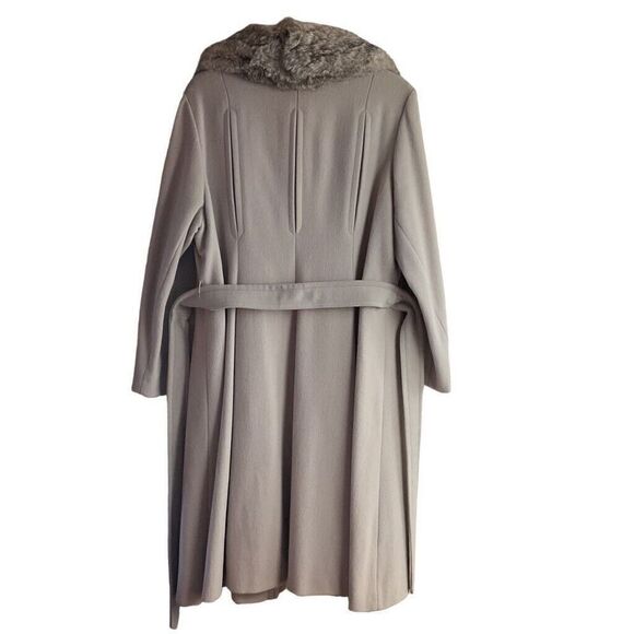 Vintage Elegant Gray beige Women's long belted Coat with Fur Collar L/XL - Picture 3 of 16